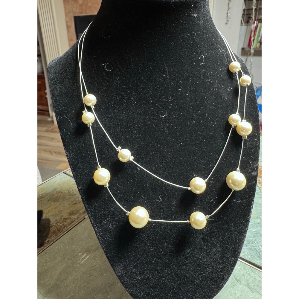 Cream Pearl/Bead Double Strand Necklace | Minimalist Layered Silver-Tone Wire